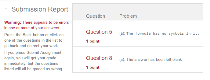 Error message after submitting an assignmenton Möbius