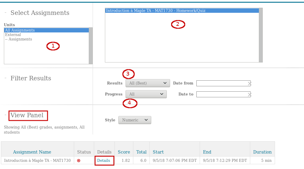 Image of the menu to select the assignments that you want
       to look at.