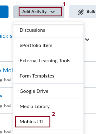 Screenshot of the list of items under the drop down
	      menu Add Activity