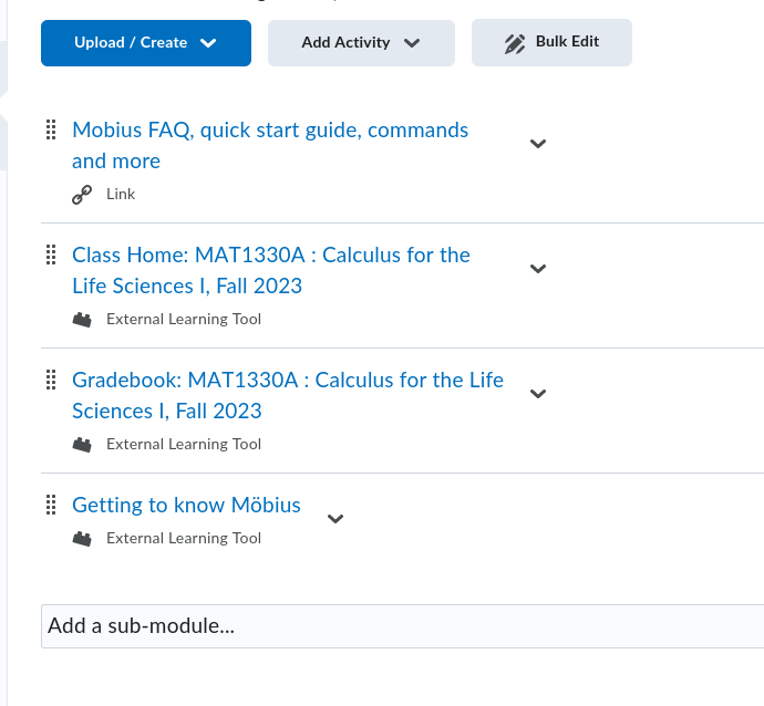 Screenshot of the module on BrightSpace with th enew item