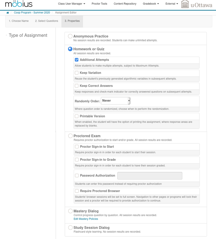 Screenshot of the first section of the tab Properties to
	    create an assignment