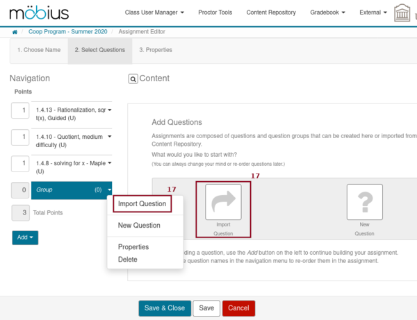 Screenshot of the tab Select Question in the restricted mode