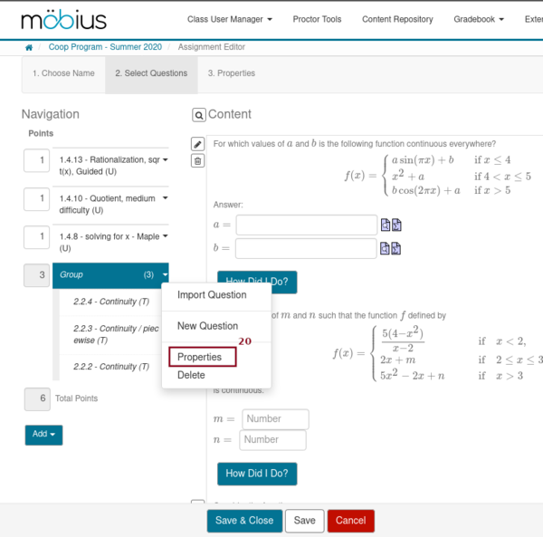 Screenshot of the tab Select Question with the new group
	    of questions