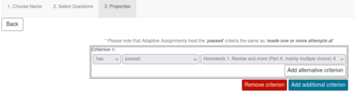 Screenshot of the form to enter the criteria
