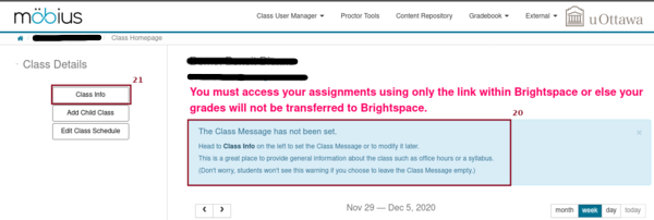 Screenshot of the course homepage on Möbius with the
	    long warning message