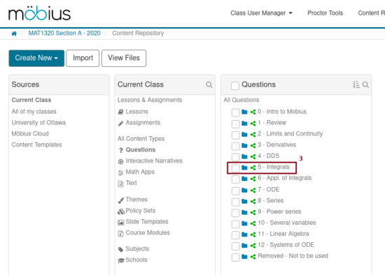 Screenshot of the questions and directories of questions in the content repository on Möbius