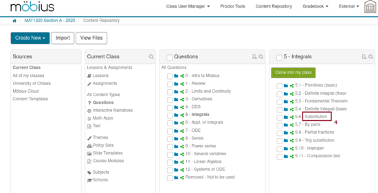 Screenshot of the second level of questions and directories of questions in the content repository on Möbius