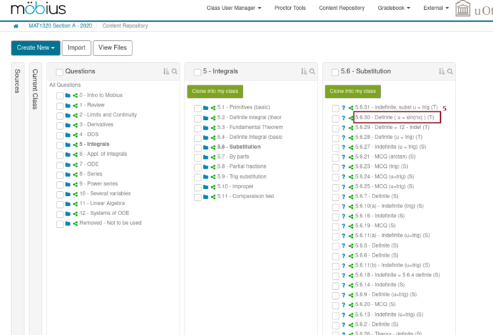 Screenshot of the third level of questions and directories of questions in the content repository on Möbius