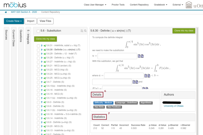 Screenshot of the content repository on Möbius where the information about the selected question appear on the right